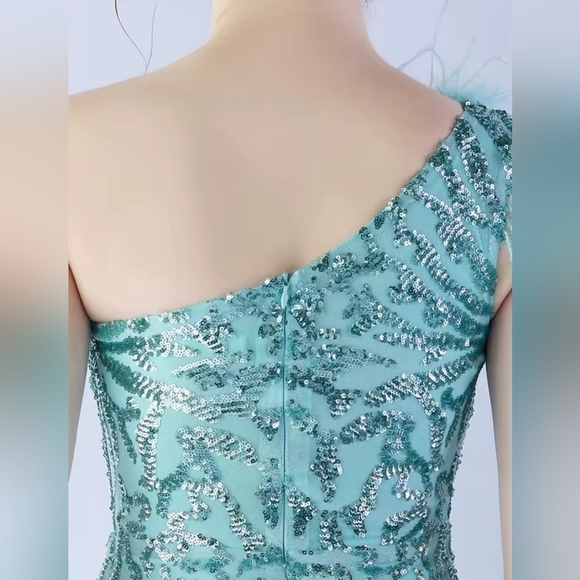 Mint Green, Assymmetrical Feather BeadedNeck, Graphic, Slit Thigh, Sequined Gown - Picture 5 of 11